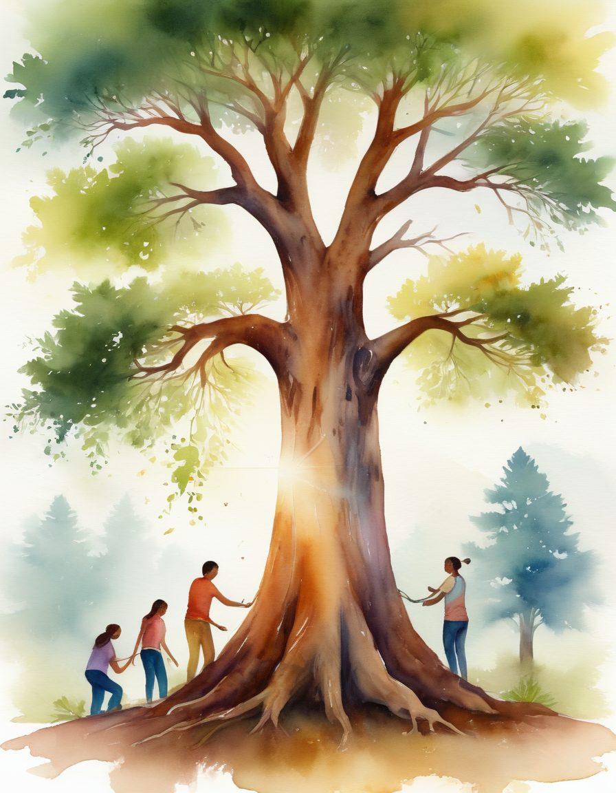 A serene landscape depicting a diverse group of people engaged in supportive activities around a large tree symbolizing strength and community. Incorporate elements of holistic healing, such as plants and wellness tools, flowing through the scene. Include soft, gentle lighting that conveys hope and empowerment. Aim for an uplifting and harmonious atmosphere. watercolor style. vibrant colors.