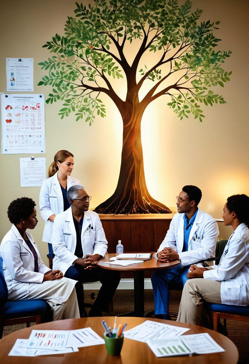 A diverse group of patients engaged in a supportive discussion, surrounded by medical professionals, charts, and illustrated treatment options. Soft, warm lighting evokes hope and empowerment. Include elements like holistic therapy items, and symbols of wellness like a tree and tranquil nature images in the background. super-realistic. vibrant colors. soft focus.