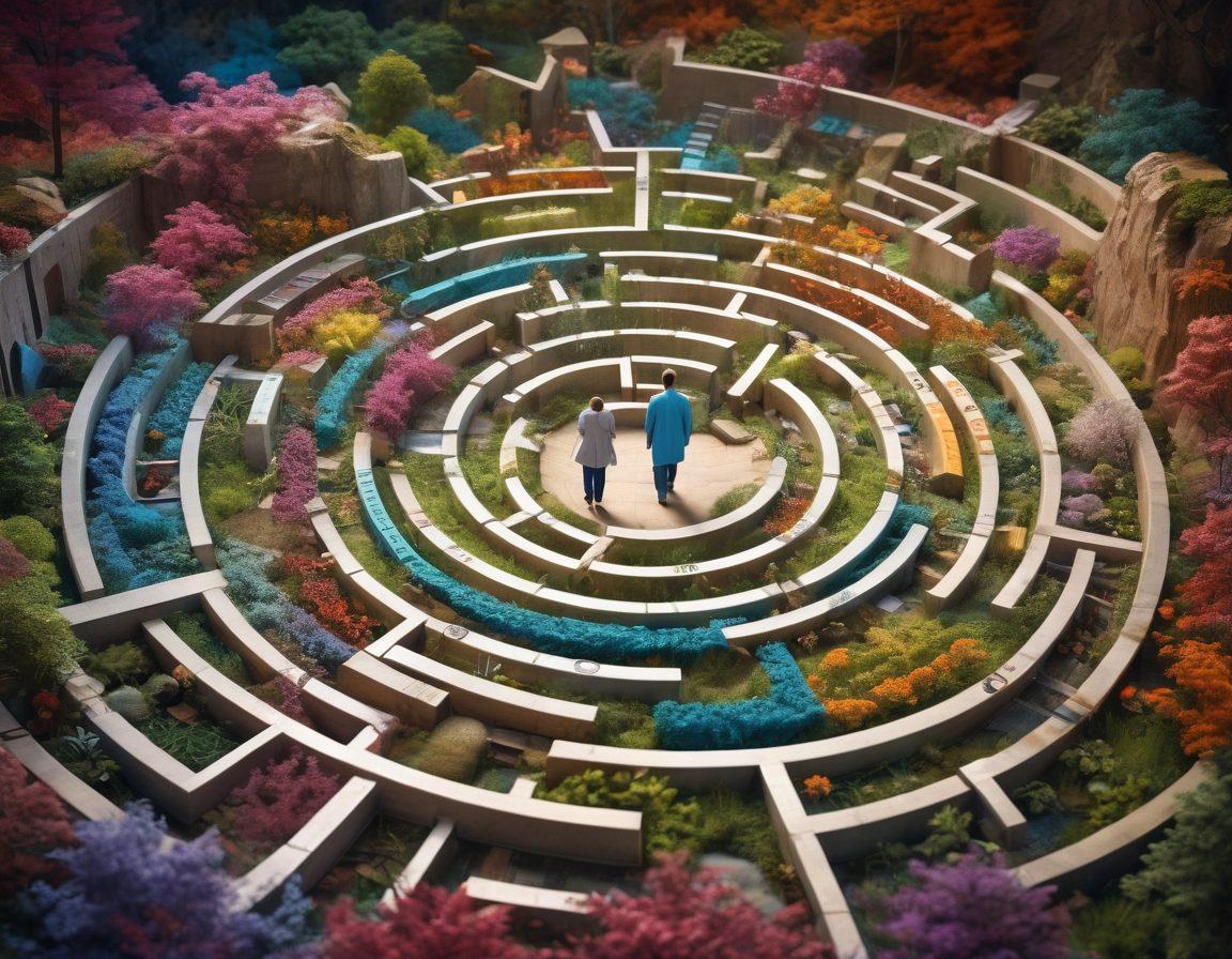 A thoughtful patient exploring a vivid, labyrinth-like terrain symbolizing a tumor landscape, marked with informative signs and pathways representing various treatment options and decision-making strategies. The patient is depicted as diverse and engaged, surrounded by symbolic representations of support such as healthcare professionals and family. The atmosphere is empowering and hopeful, embodying the essence of informed choices in a complex journey. vibrant colors. 3D. super-realistic.